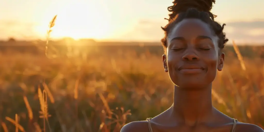 Young person embracing themselves with a calm, peaceful expression, eyes closed, practicing self-compassion and mindfulness